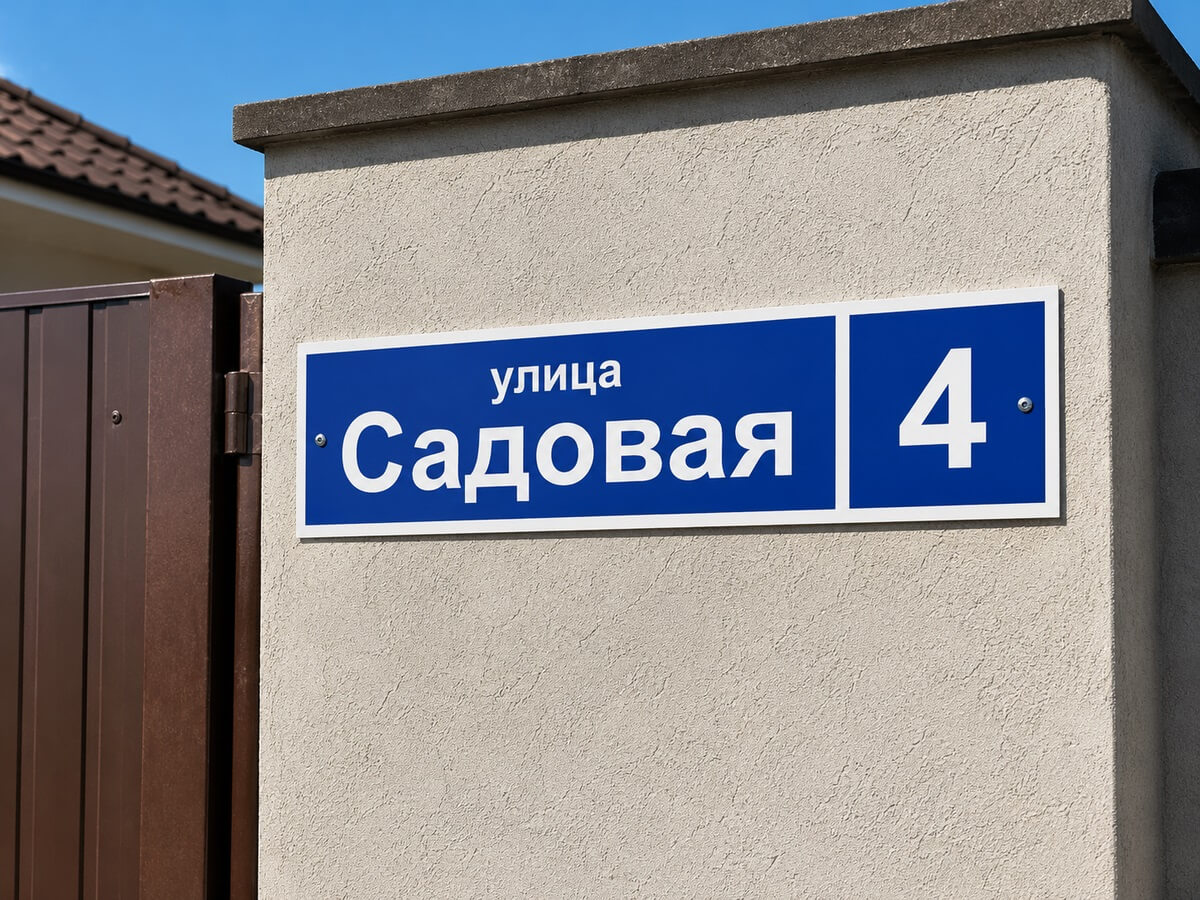 Адресная табличка улица Садовая 4 на фасаде у ворот частного дома