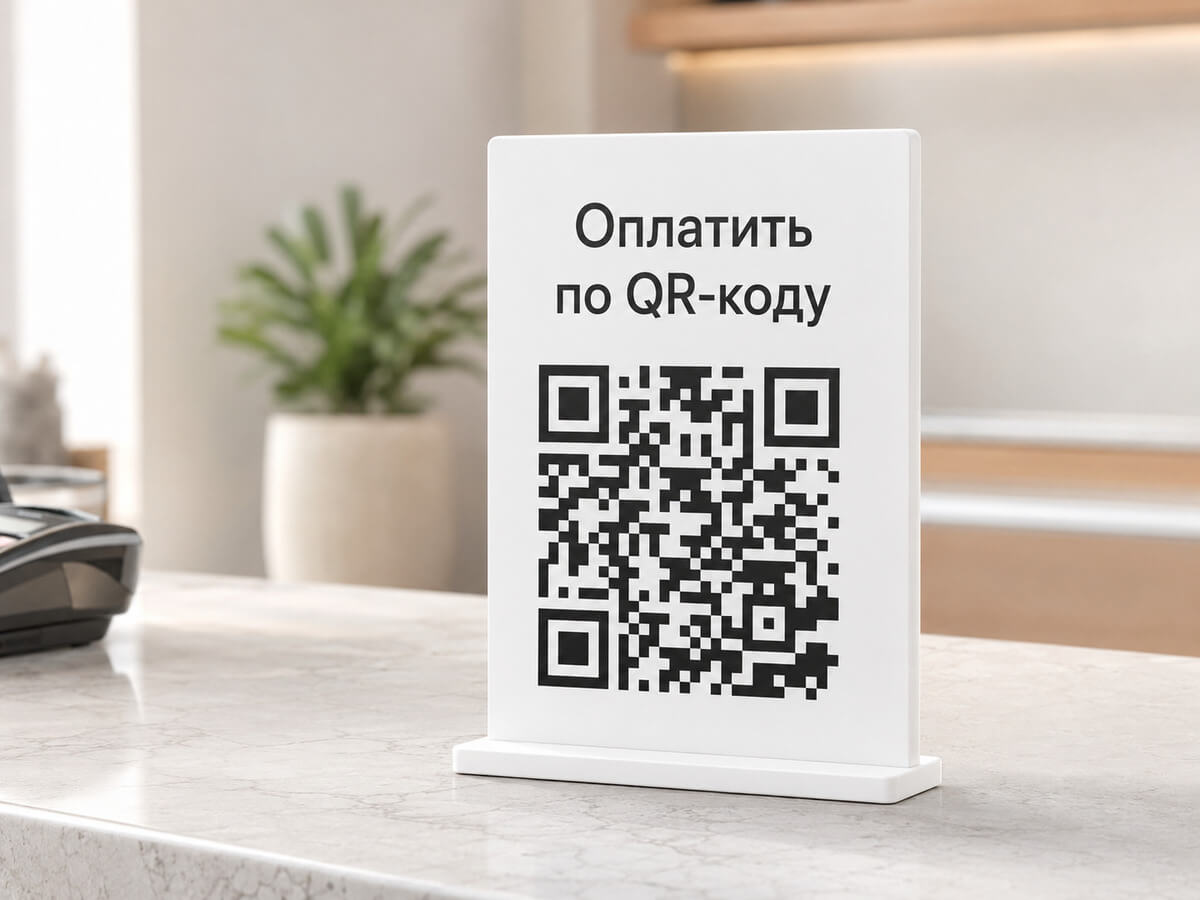 Табличка с QR-кодом для оплаты на стойке администратора