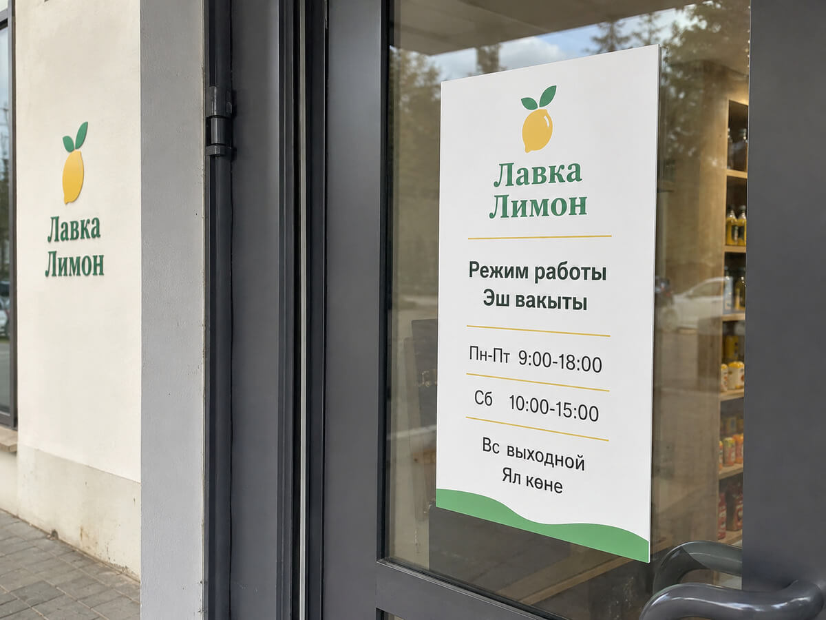 Табличка с режимом работы на стеклянной входной двери