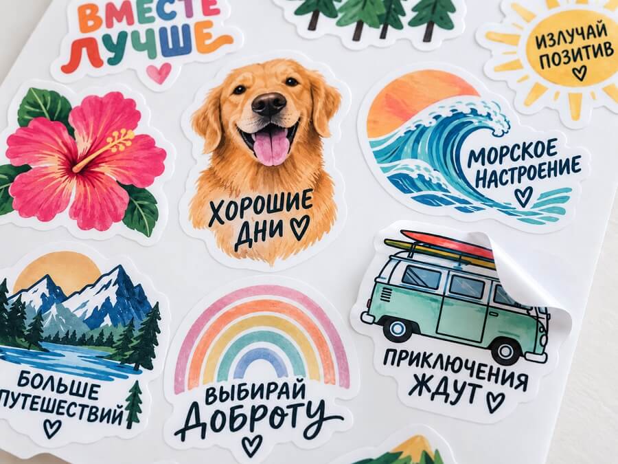 Яркие наклейки с иллюстрациями и текстами